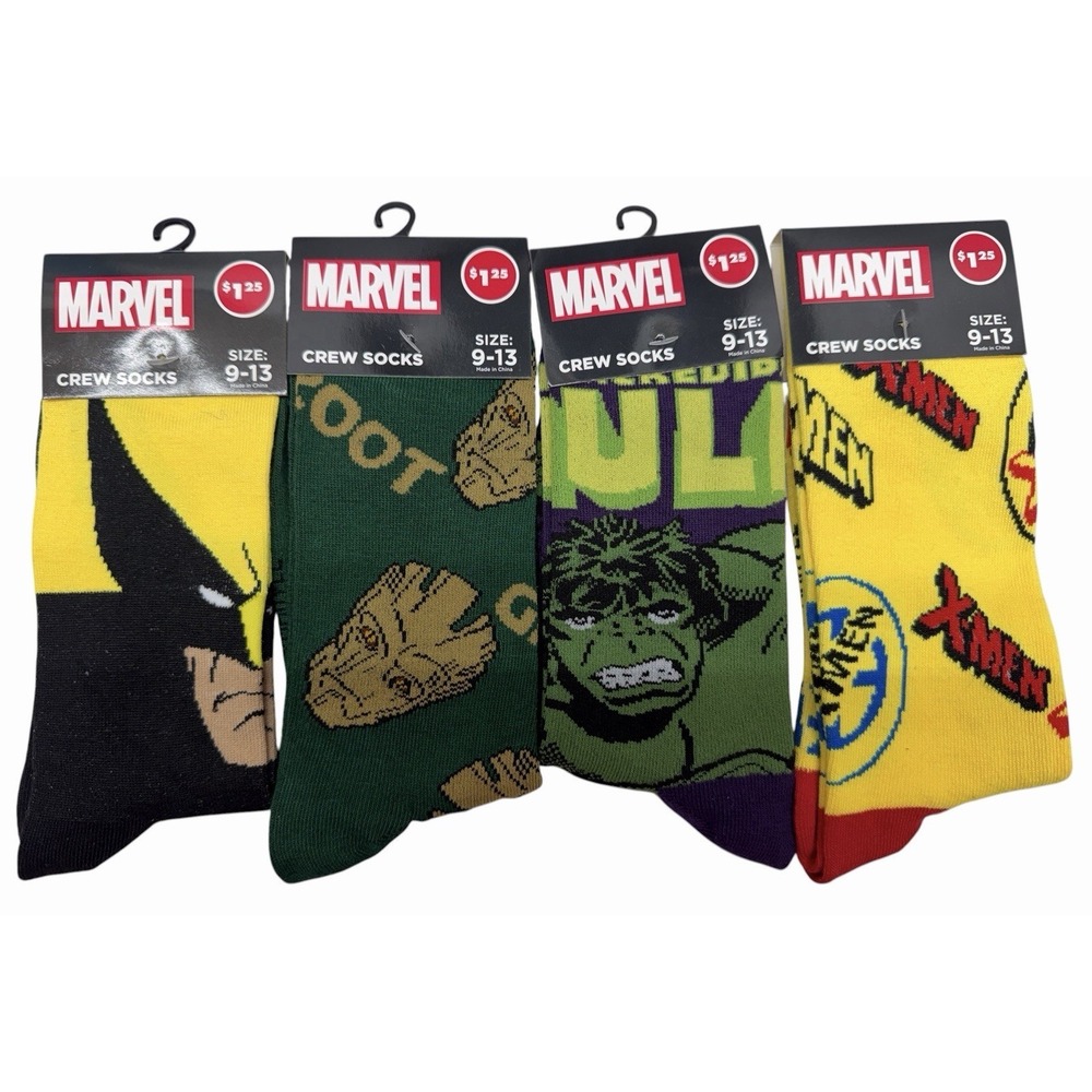Marvel  Crew Socks Lot of 4 Hulk Groot Wolverine‎ X-Men New Mens Size 9-13